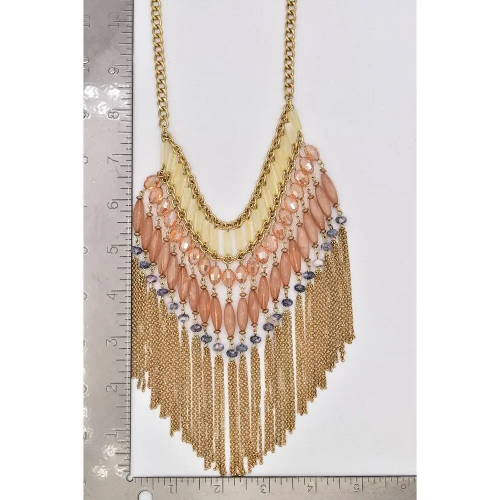 Vintage Fringe Statement Necklace Gold Peach Glass Beads Layered Boho Y2K BinBL